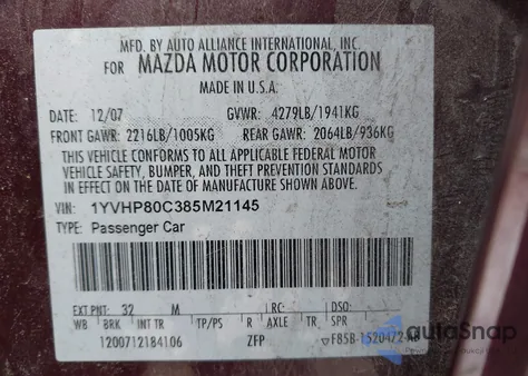 2008 Mazda Mazda6 I Sport Ve из США, поврежденный, VIN 1YVHP80C385M21145